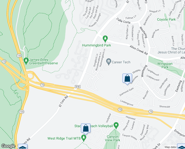 map of restaurants, bars, coffee shops, grocery stores, and more near 6 Firecrest Lane in Aliso Viejo