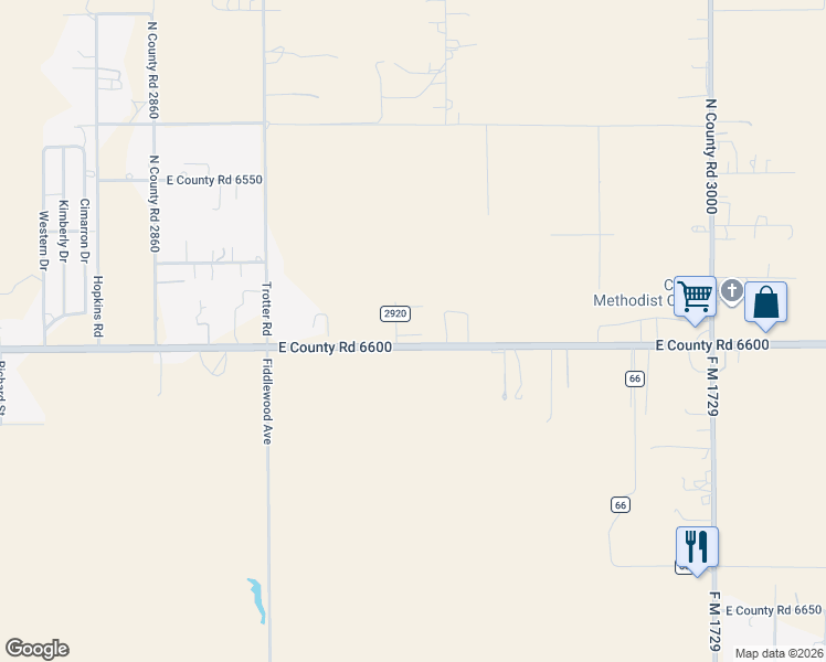 map of restaurants, bars, coffee shops, grocery stores, and more near 5909 East Farm to Market 40 in Lubbock