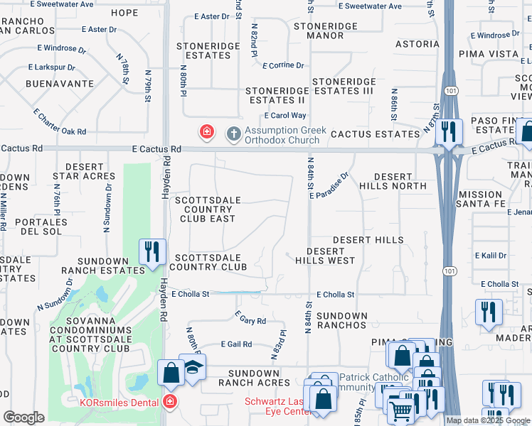 map of restaurants, bars, coffee shops, grocery stores, and more near 8244 East Jenan Drive in Scottsdale
