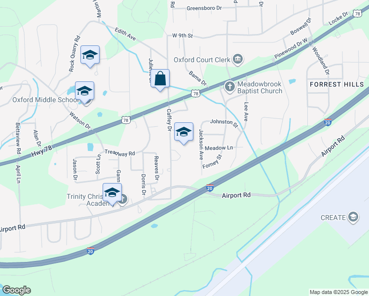 map of restaurants, bars, coffee shops, grocery stores, and more near 1401 Caffey Drive in Oxford