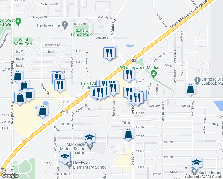 map of restaurants, bars, coffee shops, grocery stores, and more near 5402 4th Street in Lubbock