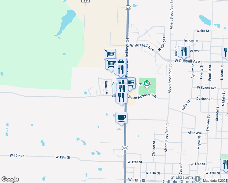 map of restaurants, bars, coffee shops, grocery stores, and more near 1804 Cardinal Lane in Bonham