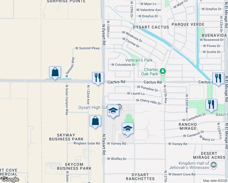 map of restaurants, bars, coffee shops, grocery stores, and more near 12110 North 130th Drive in El Mirage