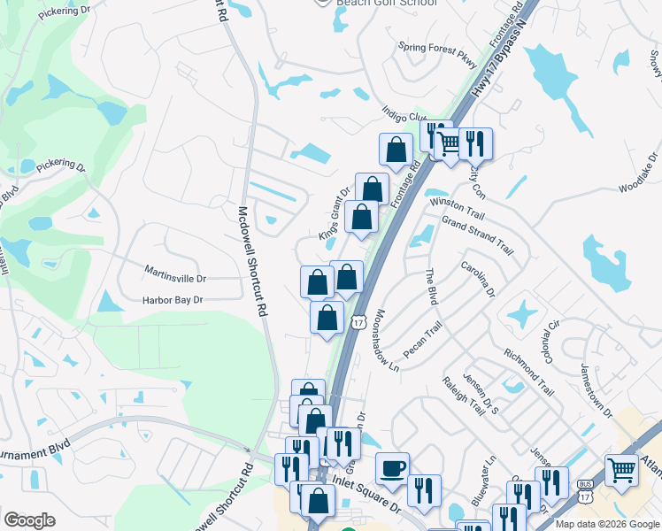 map of restaurants, bars, coffee shops, grocery stores, and more near 9712 Ashley Lane in Murrells Inlet