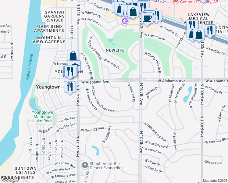 map of restaurants, bars, coffee shops, grocery stores, and more near 12014 North Par Court in Sun City