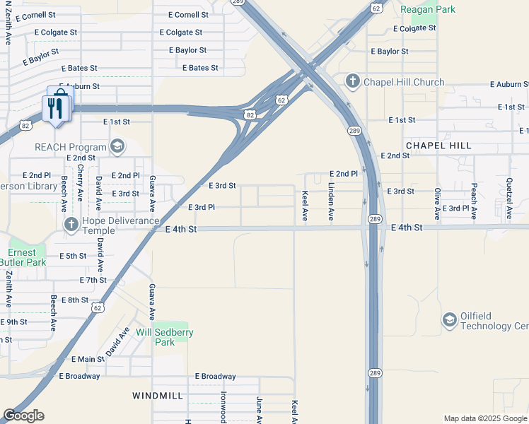 map of restaurants, bars, coffee shops, grocery stores, and more near 3605 East 3rd Place in Lubbock