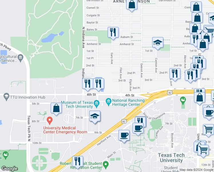 map of restaurants, bars, coffee shops, grocery stores, and more near 3114 4th Street in Lubbock