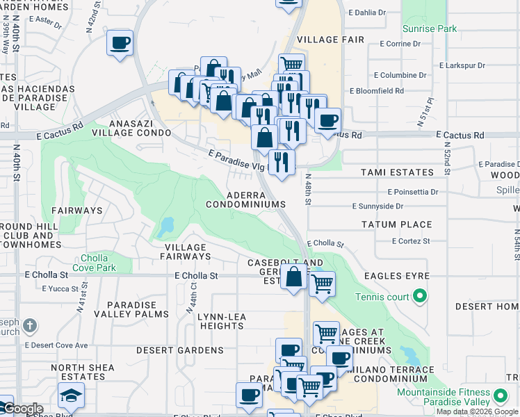 map of restaurants, bars, coffee shops, grocery stores, and more near 11640 North Tatum Boulevard in Phoenix