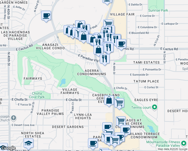 map of restaurants, bars, coffee shops, grocery stores, and more near 11640 North Tatum Boulevard in Phoenix