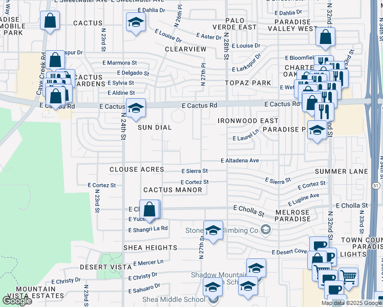 map of restaurants, bars, coffee shops, grocery stores, and more near 11850 North 27th Street in Phoenix