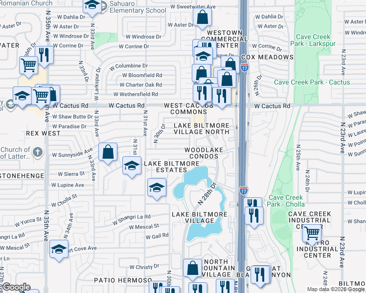 map of restaurants, bars, coffee shops, grocery stores, and more near 2912 West Laurel Lane in Phoenix