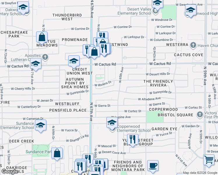 map of restaurants, bars, coffee shops, grocery stores, and more near 6524 West Poinsettia Drive in Glendale
