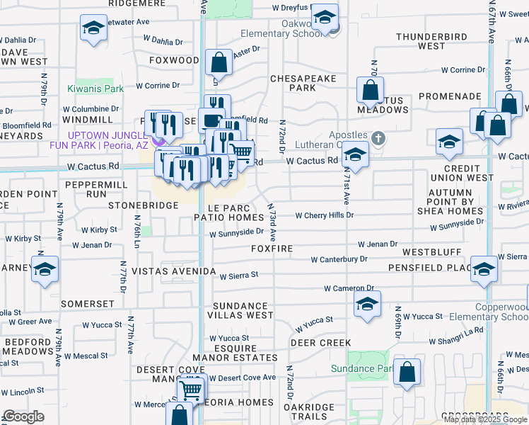 map of restaurants, bars, coffee shops, grocery stores, and more near 11952 North 73rd Avenue in Peoria