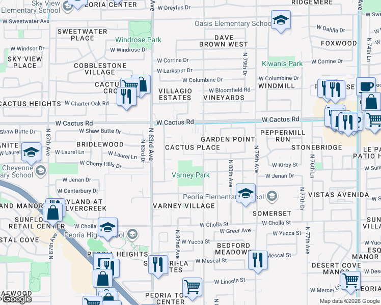 map of restaurants, bars, coffee shops, grocery stores, and more near 8135 West Pamela Lane in Peoria