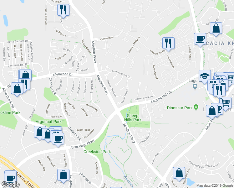 map of restaurants, bars, coffee shops, grocery stores, and more near 9 Hidden Creek Lane in Laguna Hills