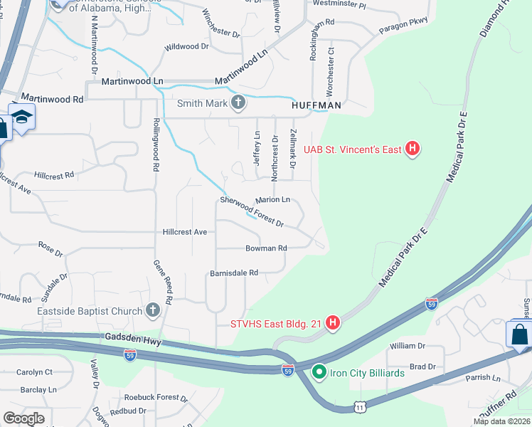 map of restaurants, bars, coffee shops, grocery stores, and more near 857 Marion Lane in Birmingham