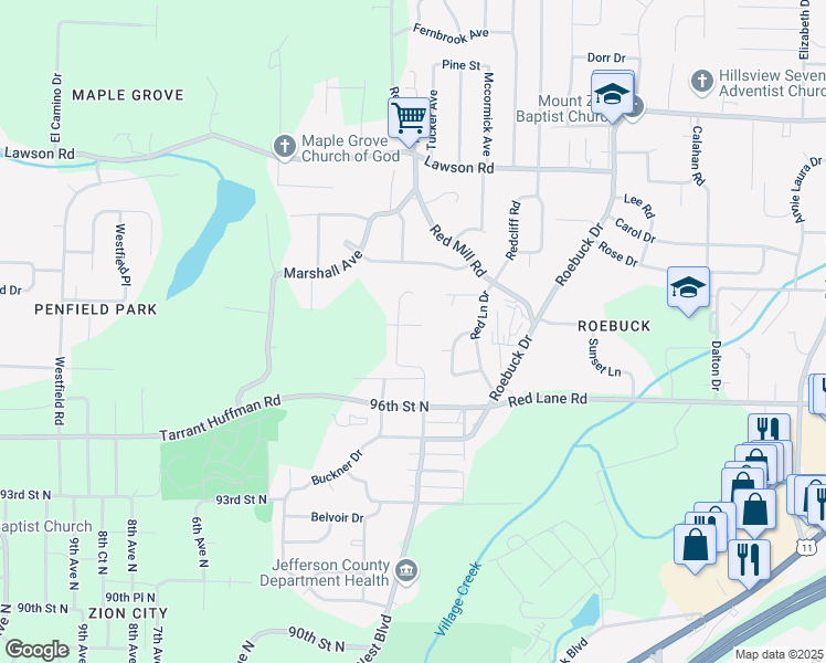 map of restaurants, bars, coffee shops, grocery stores, and more near 416 Buckingham Circle in Birmingham