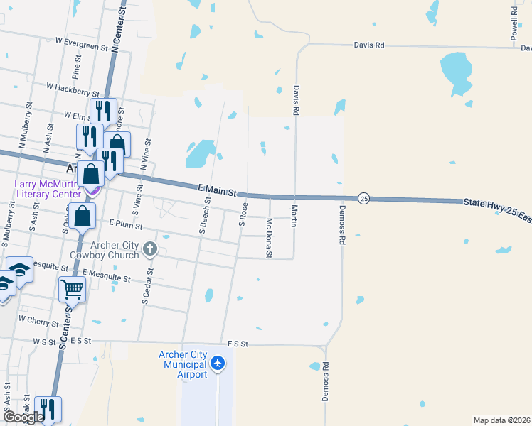 map of restaurants, bars, coffee shops, grocery stores, and more near 608 East Main Street in Archer City
