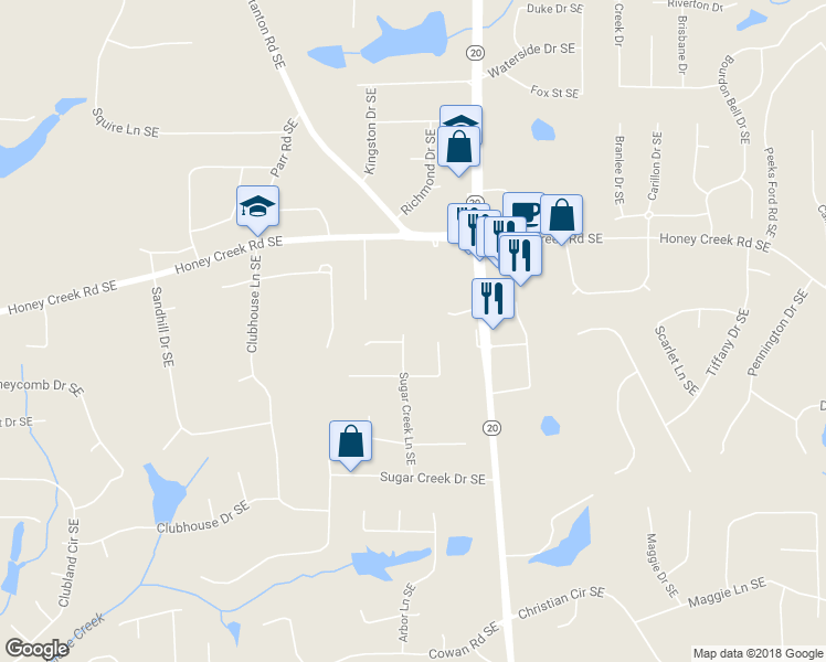 map of restaurants, bars, coffee shops, grocery stores, and more near 3650 Sugar Creek Lane Southeast in Conyers