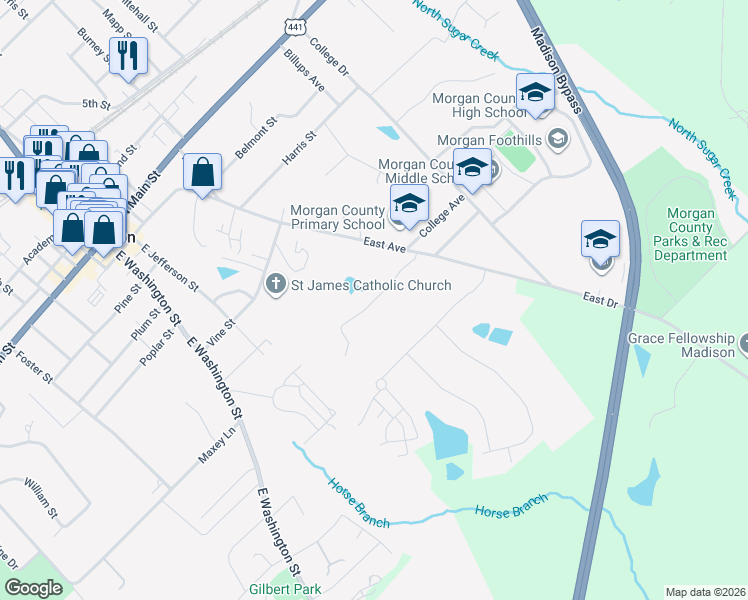 map of restaurants, bars, coffee shops, grocery stores, and more near Buckhead Road in Madison