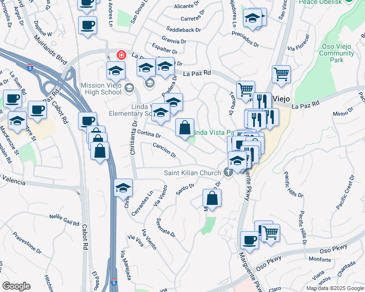 map of restaurants, bars, coffee shops, grocery stores, and more near 26592 Pepita Drive in Mission Viejo