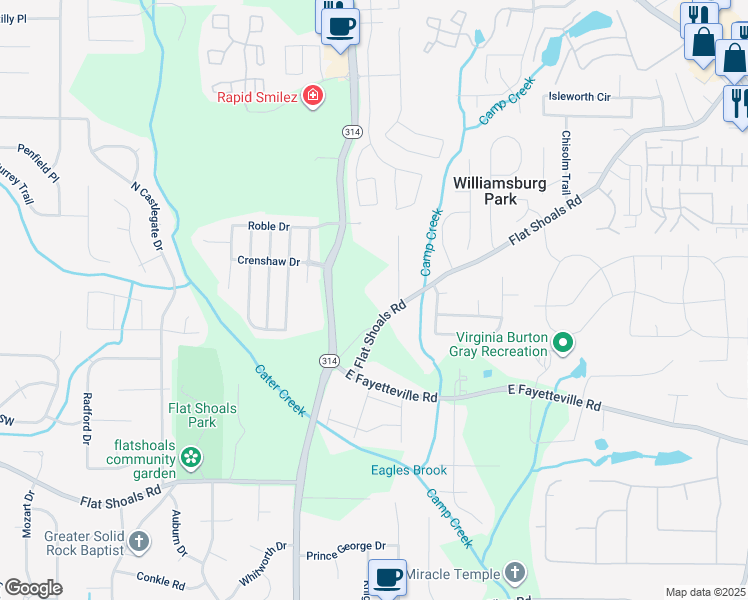 map of restaurants, bars, coffee shops, grocery stores, and more near 1691 Flat Shoals Road in Atlanta