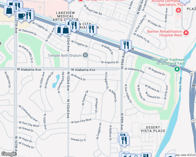 map of restaurants, bars, coffee shops, grocery stores, and more near 10032 West Riviera Drive in Sun City