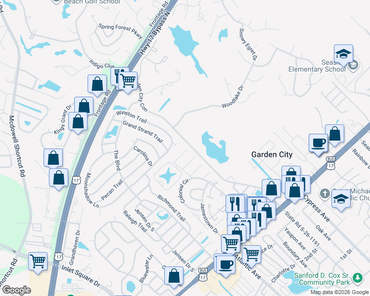map of restaurants, bars, coffee shops, grocery stores, and more near 111 Cambridge Circle in Murrells Inlet