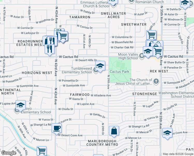map of restaurants, bars, coffee shops, grocery stores, and more near 4001 West Laurel Lane in Phoenix