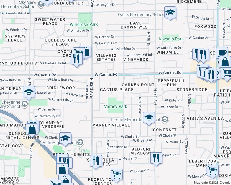 map of restaurants, bars, coffee shops, grocery stores, and more near 8135 West Pamela Lane in Peoria