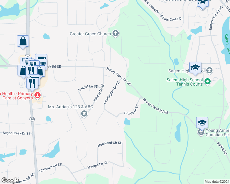 map of restaurants, bars, coffee shops, grocery stores, and more near 3620 Pennington Drive Southeast in Conyers