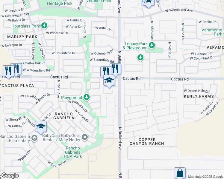 map of restaurants, bars, coffee shops, grocery stores, and more near 12050 North Bullard Avenue in Surprise