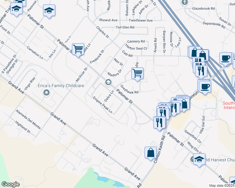 map of restaurants, bars, coffee shops, grocery stores, and more near 22828 Rolling Brook Lane in Wildomar