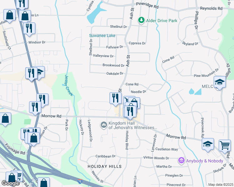 map of restaurants, bars, coffee shops, grocery stores, and more near 5891 Ash Street in Forest Park