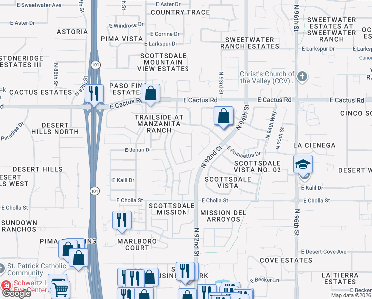 map of restaurants, bars, coffee shops, grocery stores, and more near 9148 East Jenan Drive in Scottsdale