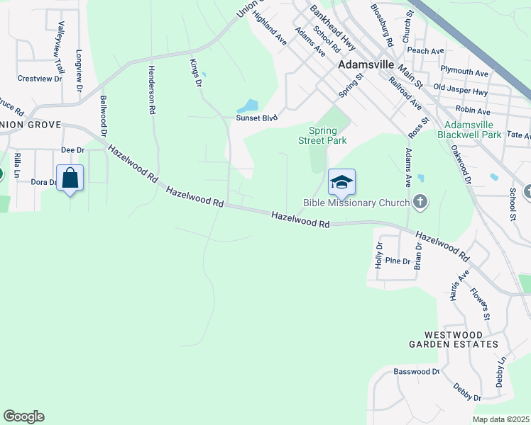 map of restaurants, bars, coffee shops, grocery stores, and more near Hazelwood Road in Adamsville