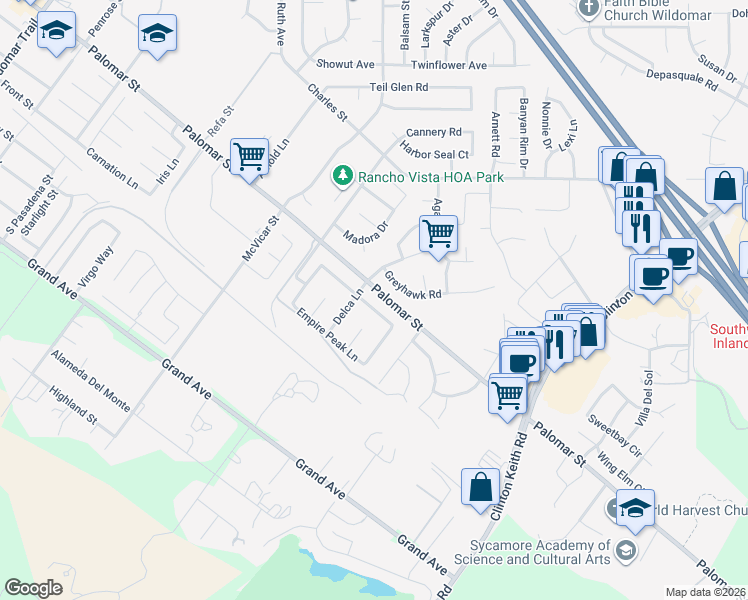 map of restaurants, bars, coffee shops, grocery stores, and more near 22828 Rolling Brook Lane in Wildomar