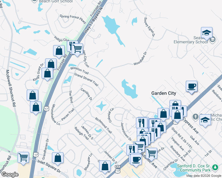 map of restaurants, bars, coffee shops, grocery stores, and more near 900 Winston Trail in Murrells Inlet