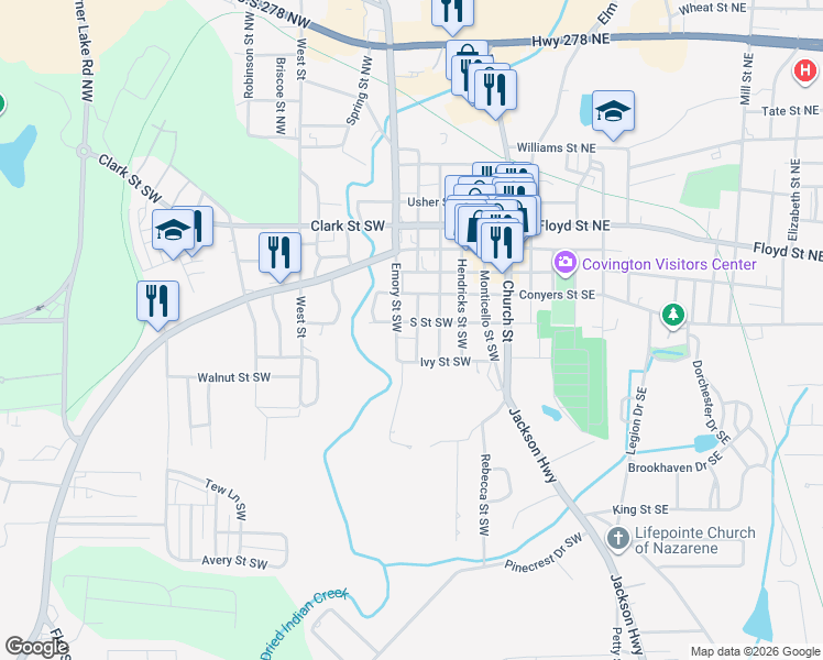 map of restaurants, bars, coffee shops, grocery stores, and more near 2199 Emory Street Northwest in Covington