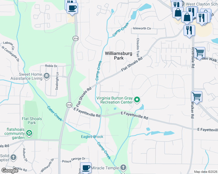 map of restaurants, bars, coffee shops, grocery stores, and more near 1616 Flat Shoals Road in Atlanta