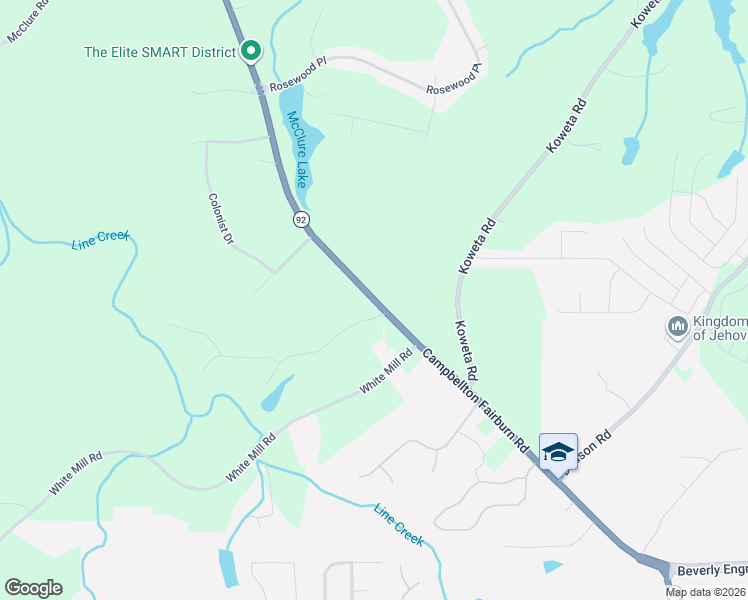 map of restaurants, bars, coffee shops, grocery stores, and more near 5930 Highway 92 in Fairburn