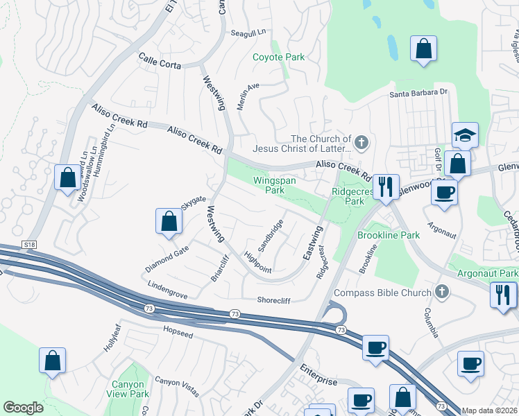map of restaurants, bars, coffee shops, grocery stores, and more near 35 Tanglewood in Aliso Viejo