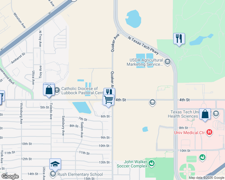 map of restaurants, bars, coffee shops, grocery stores, and more near 45 Quaker Avenue in Lubbock