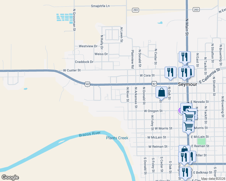 map of restaurants, bars, coffee shops, grocery stores, and more near 613 North Plants Street in Seymour