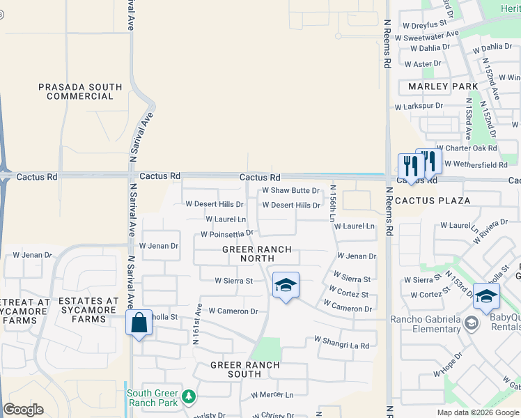 map of restaurants, bars, coffee shops, grocery stores, and more near 18847 West Desert Hills Drive in Surprise