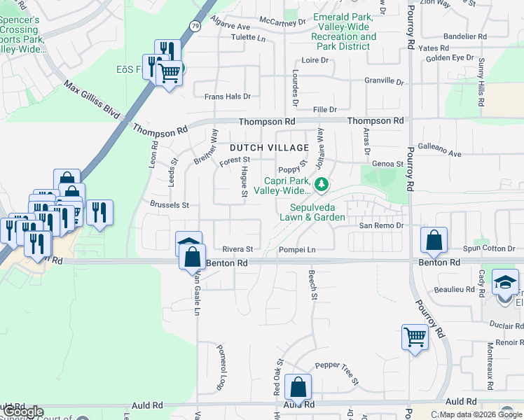 map of restaurants, bars, coffee shops, grocery stores, and more near 36299 Tahoe Street in Winchester