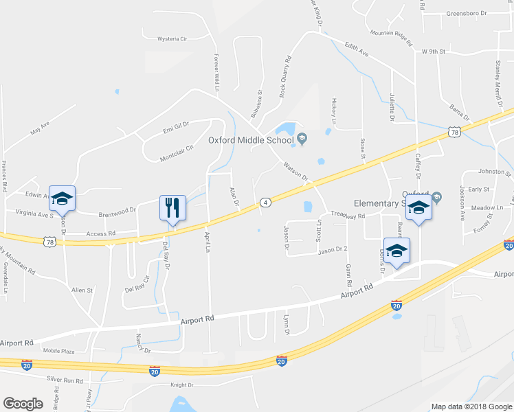 map of restaurants, bars, coffee shops, grocery stores, and more near 1998 U.S. Highway 78 in Oxford