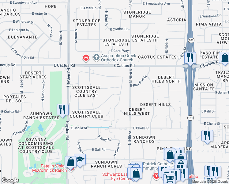 map of restaurants, bars, coffee shops, grocery stores, and more near 8325 East Jenan Drive in Scottsdale