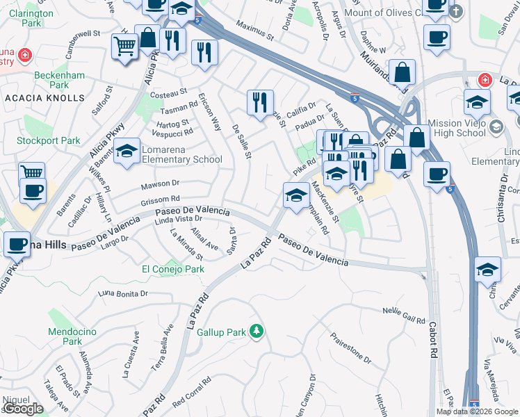 map of restaurants, bars, coffee shops, grocery stores, and more near 25352 De Salle Street in Laguna Hills