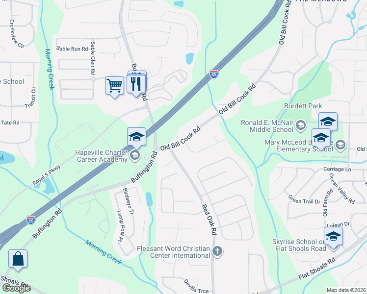 map of restaurants, bars, coffee shops, grocery stores, and more near 5965 Old Bill Cook Road in College Park